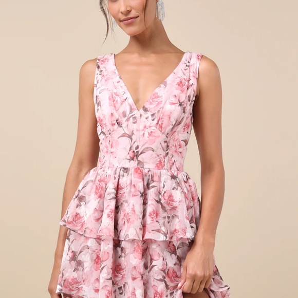 NWT Lulus Graceful Approach Blush Pink Floral Jacquard Tiered Maxi Dress - L - Picture 2 of 7